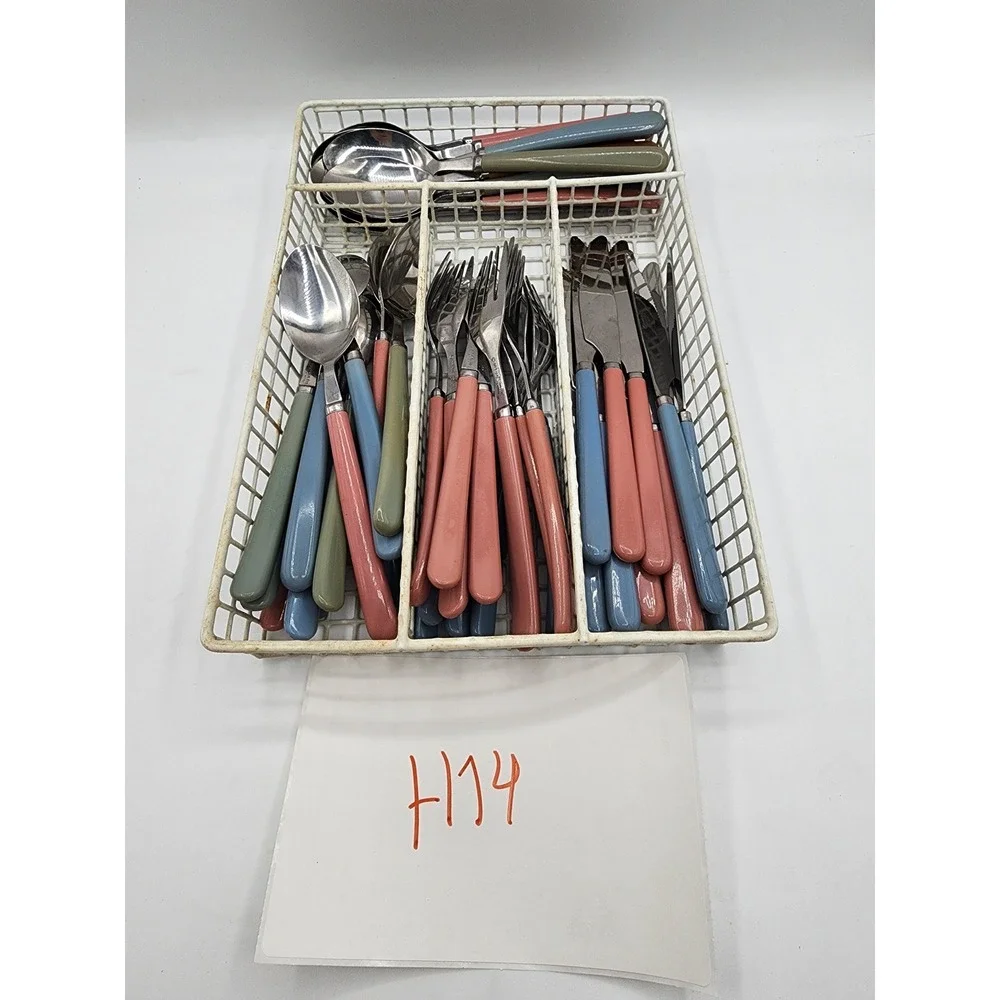 Vintage Flatware Set Stainless Steel Pink Blue Green MCM Colorful  Handles